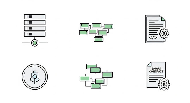 Set of six icons representing data management and technology concepts.