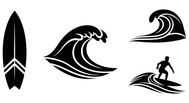 Black silhouette icons of surfing boards and ocean wave shapes