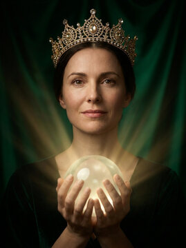 A wise and powerful queen wearing a jeweled crown holds a glowing crystal ball, channeling magical energy to foresee the future. Mystical fantasy portrait.