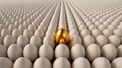 Obraz premium One shiny golden egg is distinctly different and special among countless identical white eggs in a vast pattern