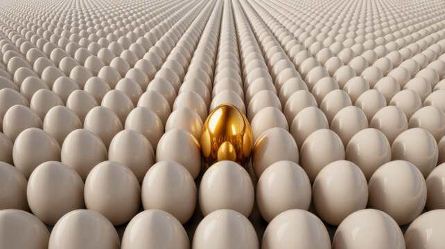 One shiny golden egg is distinctly different and special among countless identical white eggs in a vast pattern