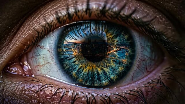 An extreme close up captures a striking human eye with intricate blue green and yellow iris patterns The detailed sclera and surrounding skin show texture and depth