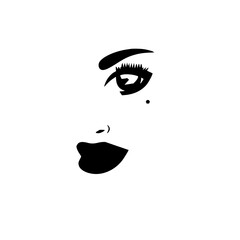 Fototapeta premium Minimalist vector illustration of a woman's eye and lips, rendered in black and white with a hint of a mole, evoking beauty and style