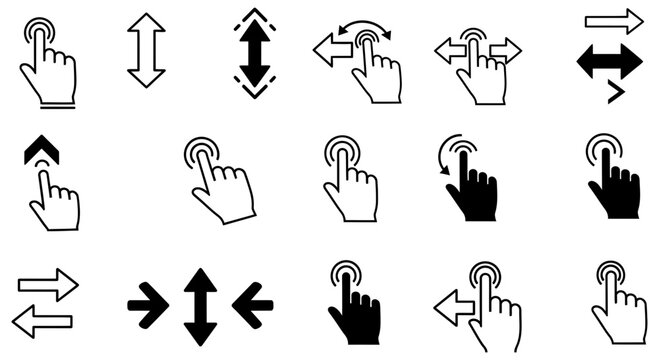 Diverse collection of hand gesture and navigation icons for interface design.