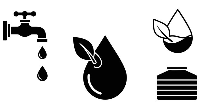 Set of black water icons representing conservation and supply management systems