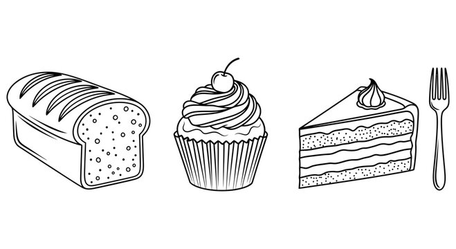 Hand drawn collection of bread cupcake cake slice and small fork