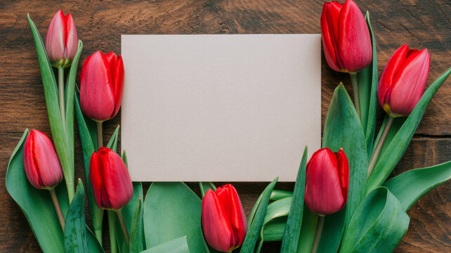 Red tulips frame a blank card on a rustic wooden table perfect for a spring greeting or special occasion