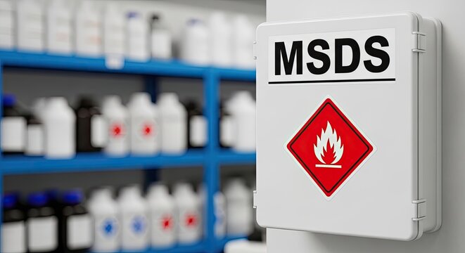 A white safety cabinet displays the acronym "MSDS" and a hazard symbol. The cabinet is positioned in front of a blue shelving unit filled with various chemical containers.