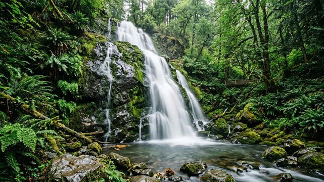 A majestic waterfall cascades down moss covered rocks amidst a lush green forest Sunlight filters through the canopy illuminating the vibrant natural beauty