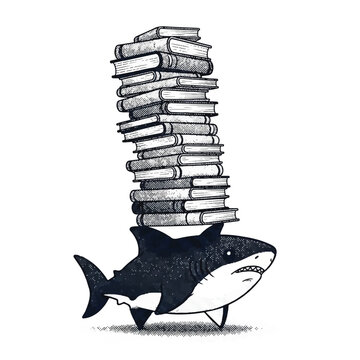 Shark Carrying Stack of Books.