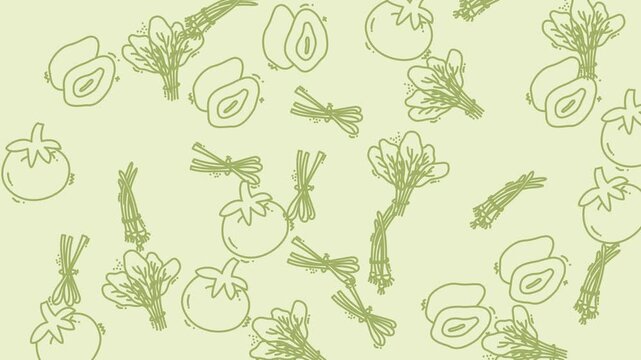 Video of hand drawn vegetable sketch sequence in soft green tones.