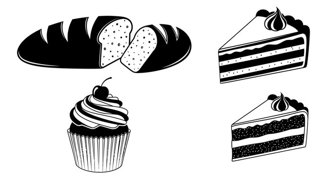 Set of delicious bakery goods including bread and sweet cake slices