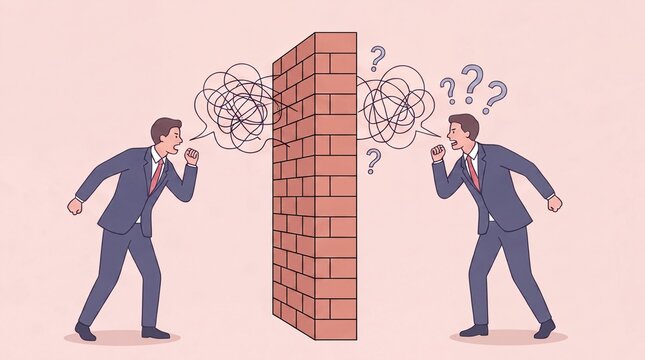 Two businessmen argue through a brick wall of misunderstanding. Disagreements and conflicts at work
