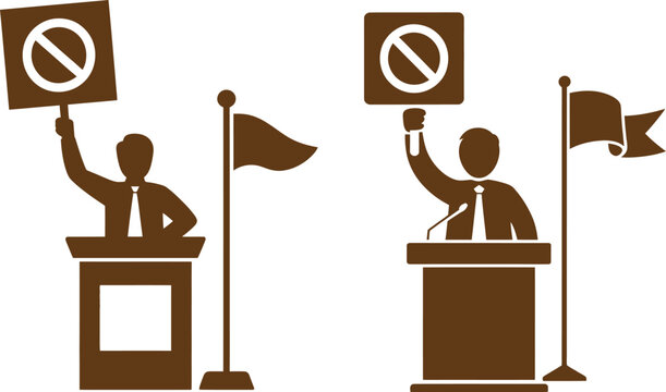 Figures behind podium holding signs with forbidden symbol protesting or announcing prohibition vector illustration public speaking white backgroun