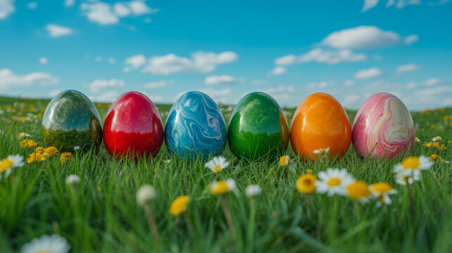 Six vibrant Easter eggs rest in a sunlit green field adorned with delicate wildflowers under a clear blue sky