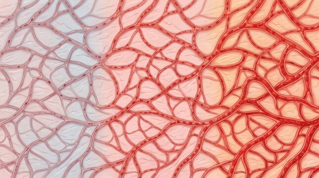 Microscopic view of a dense network of branching blood vessels and capillaries
