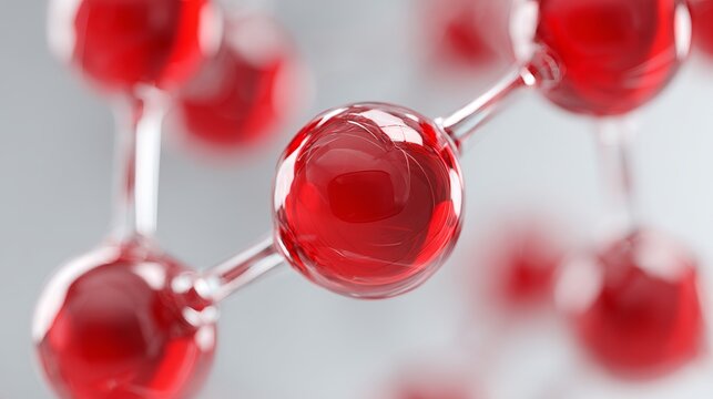 A 3D model of a molecule with red spheres and silver bonds on a gray background