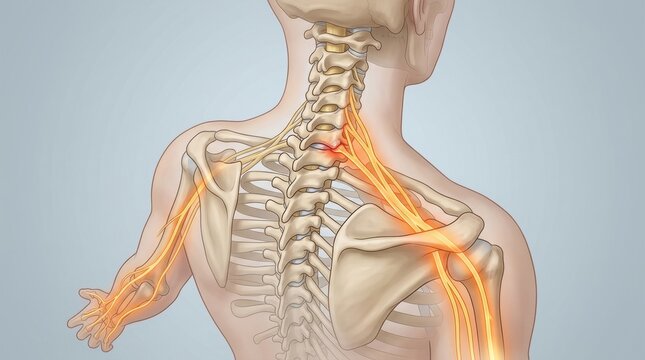 Cervical spine nerves highlighted with pain radiating down the arm