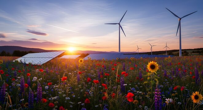 Molino de viento y paneles solares en un prado en las monta&ntilde;as, energ&iacute;a renovable.