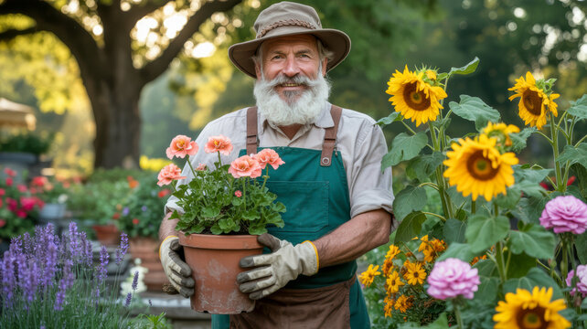 Smiling bearded senior man gardener holds a potted plant with pink flowers amidst blooming sunflowers and lavender in a sunny garden