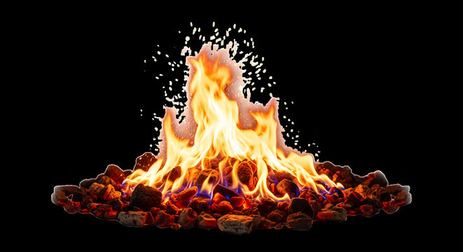 Vibrant fire burns with intensity on a pile of glowing embers and rocks