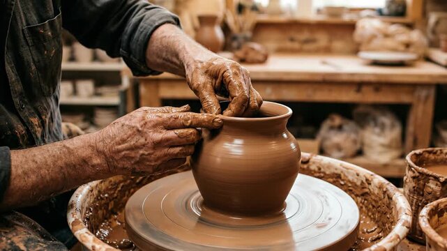 A potter shapes wet clay on a spinning wheel crafting a rustic earthenware pot Focused hands create art blurring into a craft of tradition and skill