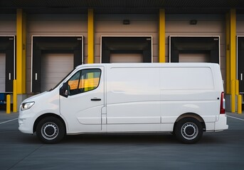 Fototapeta premium White blank commercial cargo delivery van parked in front of an industrial warehouse loading dock facility with yellow support pillars and shutter doors seen from the side profile.