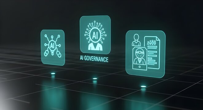 Interfaz azul ne&oacute;n futurista que muestra &iacute;conos de cumplimiento legal y &eacute;tica de IA para la supervisi&oacute;n humana, est&aacute;ndares &eacute;ticos, pol&iacute;ticas corporativas y escalas regulatorias de justicia.