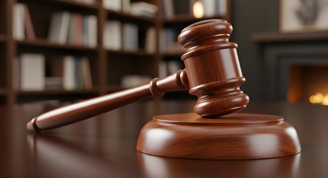 Concepto legal de justicia representado por un mazo de madera apoyado sobre un bloque de sonido en una sala de audiencias con un fondo de grupo familiar borroso