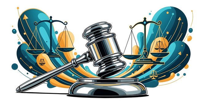 Ilustraci&oacute;n de mazo de madera con acabado pulido, acompa&ntilde;ado de formas abstractas en naranja y negro, que representan temas de justicia y derecho en un estilo art&iacute;stico moderno.