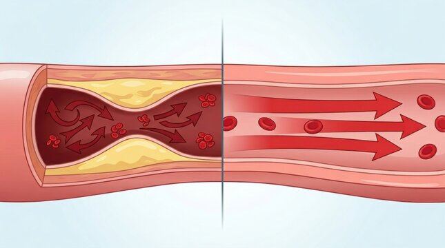Artery cross-section showing healthy flow versus restricted blood flow due to plaque buildup