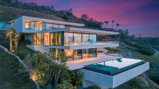 Stunning modern luxury home with an infinity pool built into a hillside illuminated at twilight under a beautiful sky
