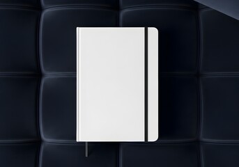 Fototapeta premium White hardcover notebook mockup with black elastic closure band placed on a dark blue tufted leather upholstery background, top down view of blank journal stationery.