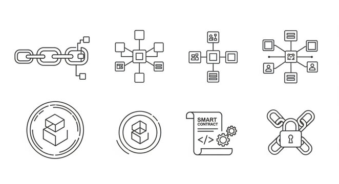 Blockchain technology icons and symbols for digital ledger systems.