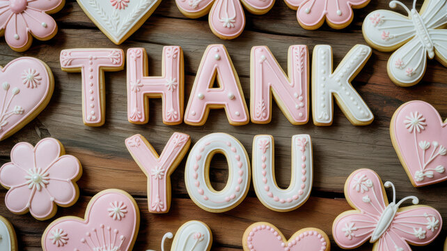 Thank You spelled out with charming pink and white decorated sugar cookies among hearts flowers and butterflies on a rustic wooden table