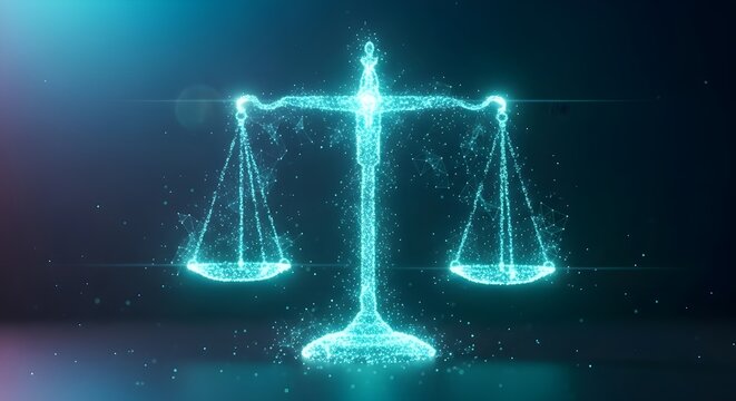 La representaci&oacute;n digital de la balanza de la justicia brilla con luz azul sobre un fondo oscuro