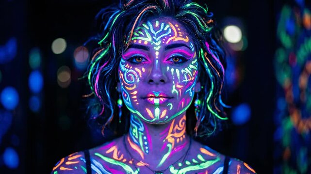 A woman s face adorned with vibrant fluorescent paint glows under blacklight Intricate patterns illuminate her features creating a mesmerizing and otherworldly effect