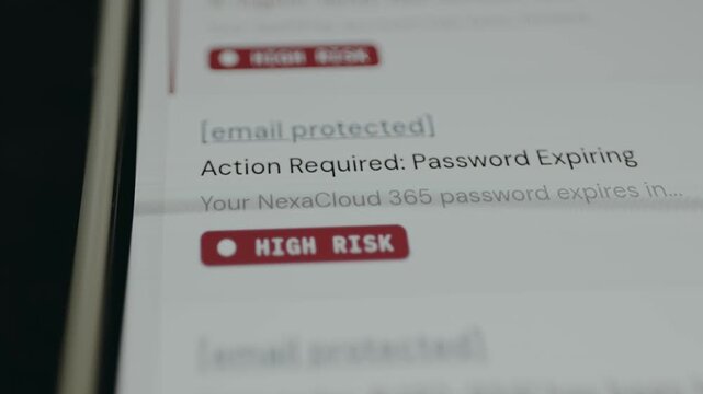 Email message with a High Risk of Action Required, Password Expiring