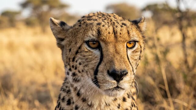 A majestic cheetah s portrait in the African savanna Its piercing eyes and spotted coat are highlighted against a blurred background of dry grass and trees