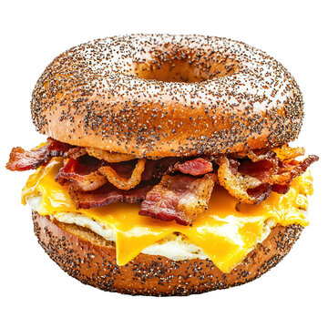 A bagel sandwich filled with eggs, cheese, and bacon. full length isolate on transparent background