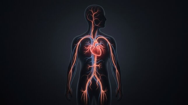 Human circulatory system with glowing heart and blood vessels on dark background
