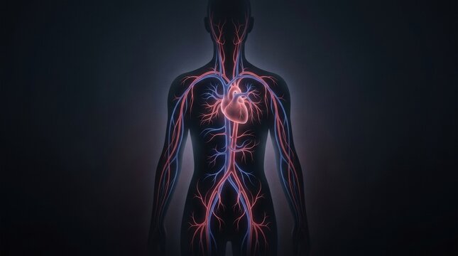 Human circulatory system with glowing heart and blood vessels on a dark background