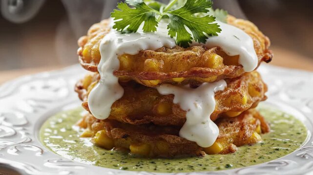 Stack of hot corn fritters with cream and cilantro