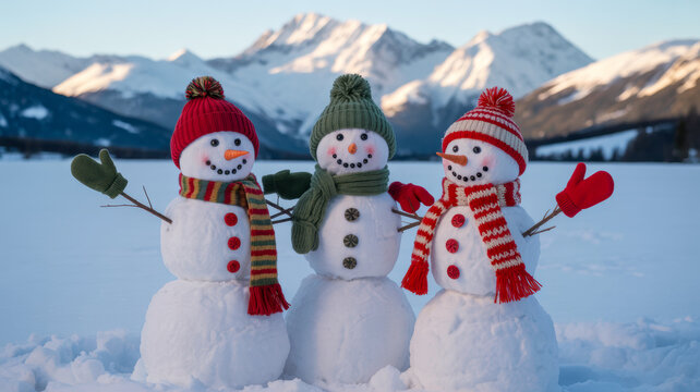 Three cheerful snowmen stand together adorned with colorful hats scarves and mittens in a beautiful snowy mountain landscape