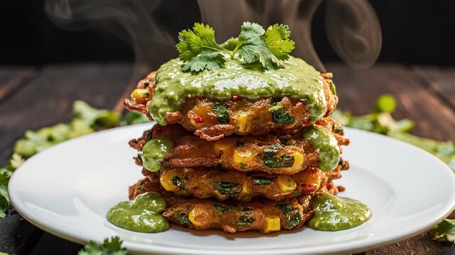 Stack of crispy corn fritters with green chutney sauce