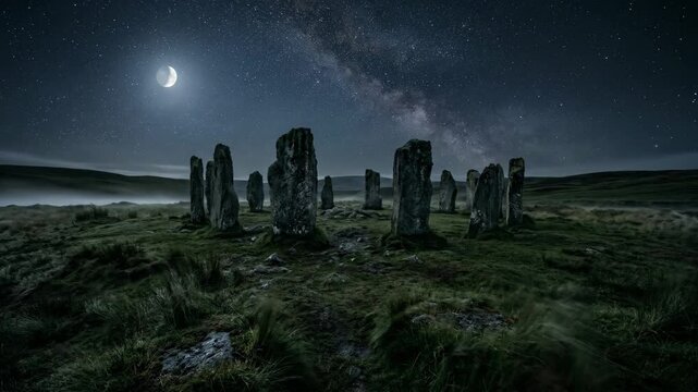 Ancient stone monoliths stand under a crescent moon on a misty moorland evoking mystery and timelessness
