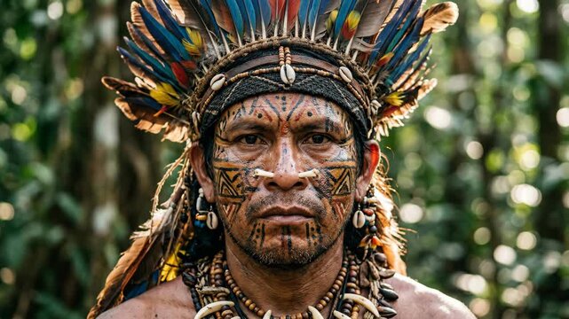 A striking portrait of an indigenous man adorned with vibrant feathers face paint and intricate jewelry evokes a sense of ancient wisdom and connection to nature