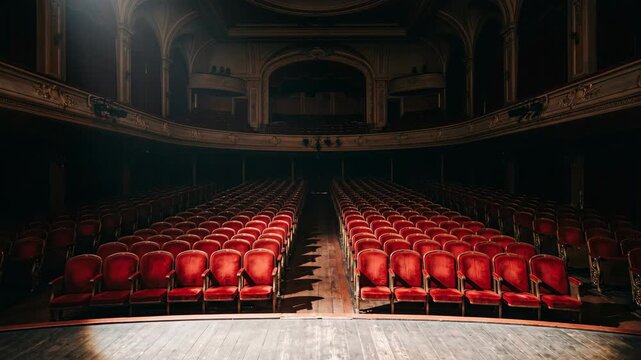 An empty opulent theater glows with dramatic spotlight illuminating wooden stage floor drawing the viewer into a world of performance and imagined stories