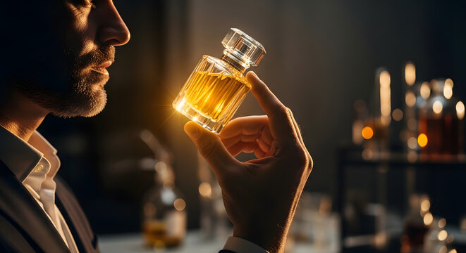 A man in a suit carefully examines a small bottle of whiskey in a dimly lit room