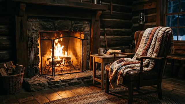 Cozy log cabin with a crackling fireplace a comfortable armchair draped in a blanket Warm ambiance perfect for relaxation and winter comfort